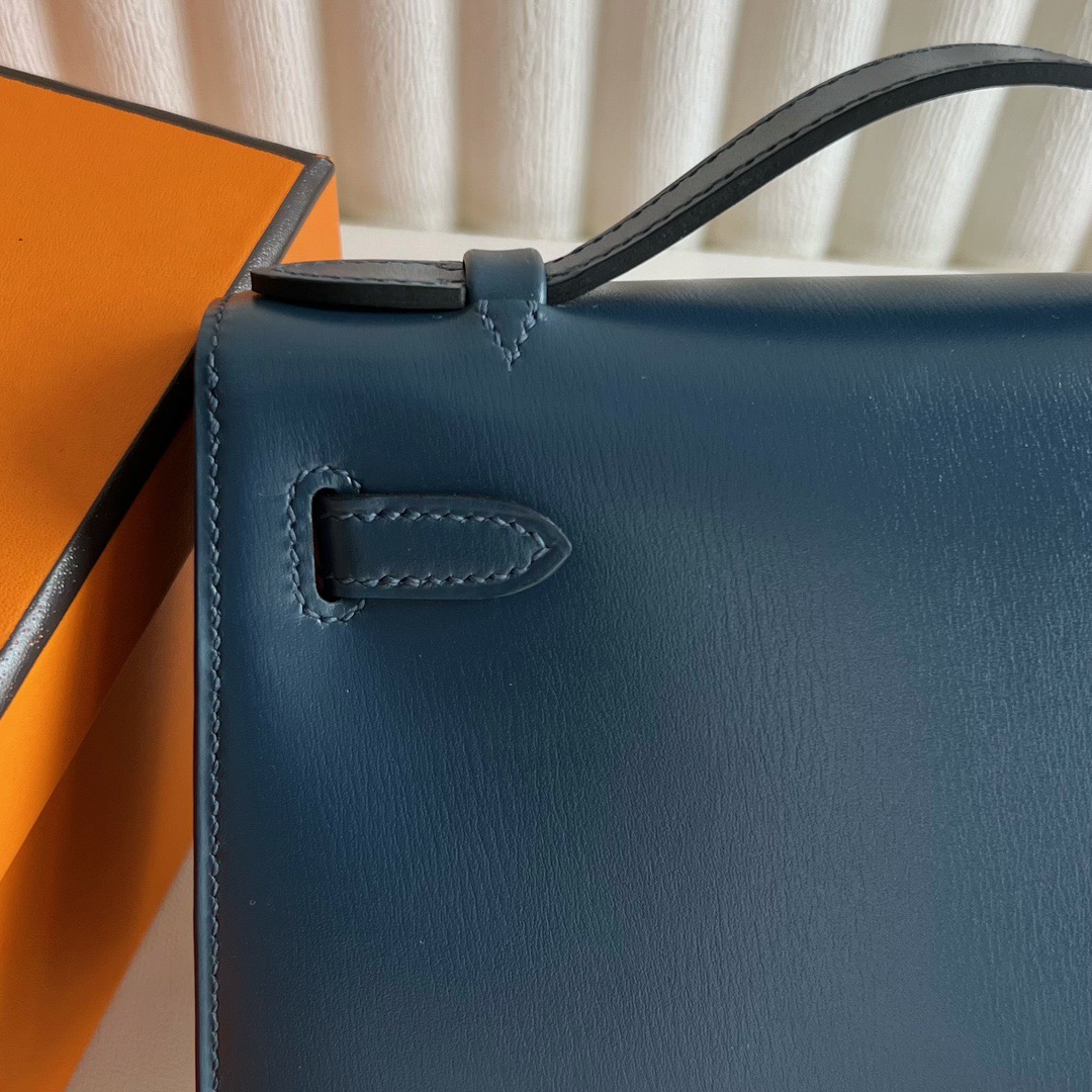 愛馬仕最經典四個包 Hermès Mini Kelly Pochette Box Leather Bleu de Prusse普魯士藍銀色五金