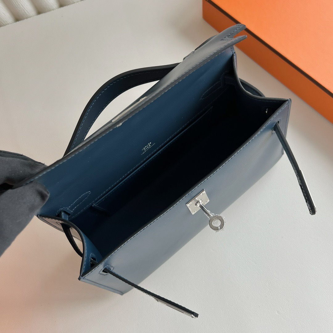 愛馬仕最經典四個包 Hermès Mini Kelly Pochette Box Leather Bleu de Prusse普魯士藍銀色五金