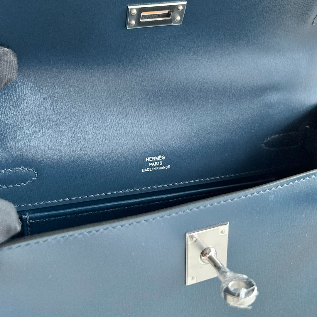 愛馬仕最經典四個包 Hermès Mini Kelly Pochette Box Leather Bleu de Prusse普魯士藍銀色五金