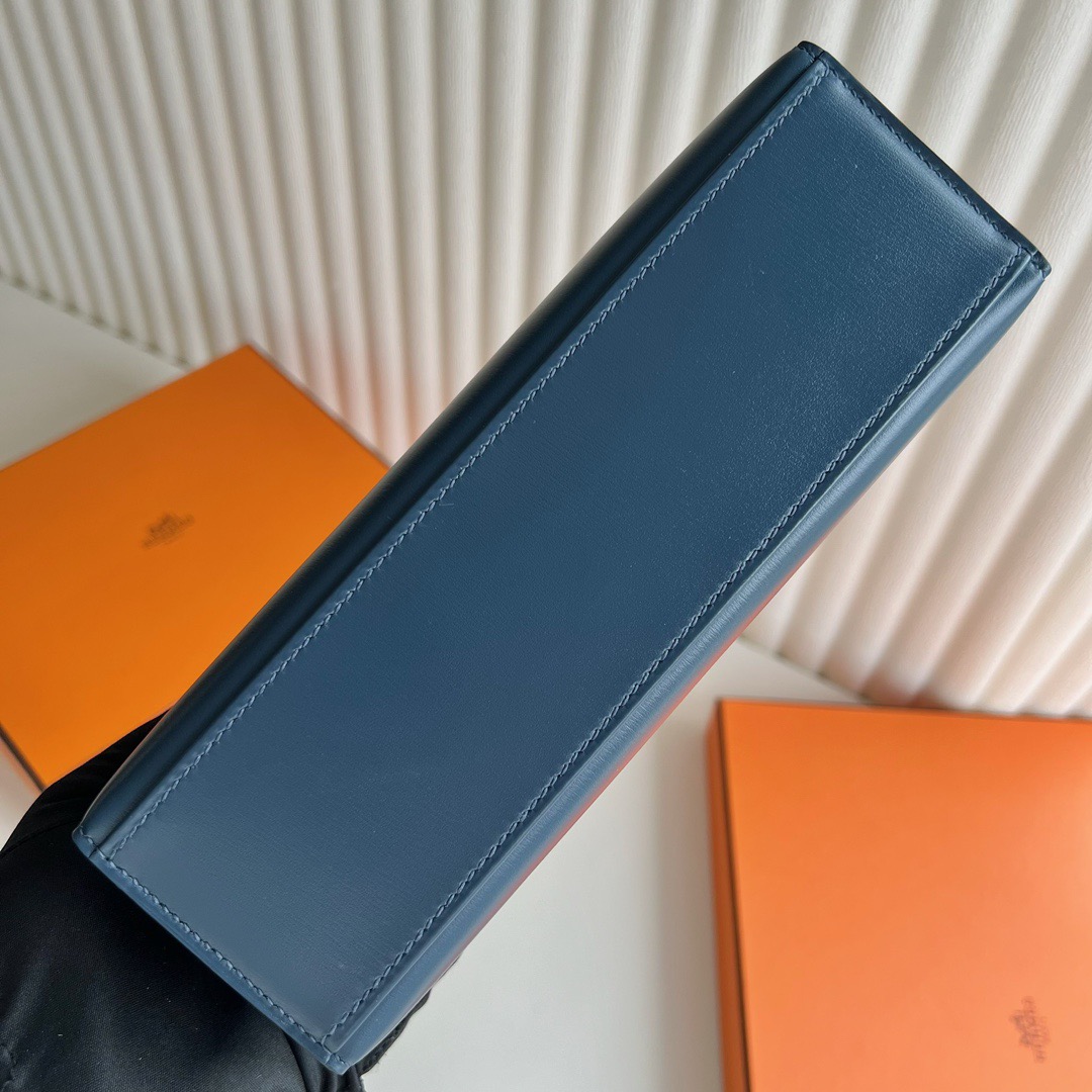 愛馬仕最經典四個包 Hermès Mini Kelly Pochette Box Leather Bleu de Prusse普魯士藍銀色五金