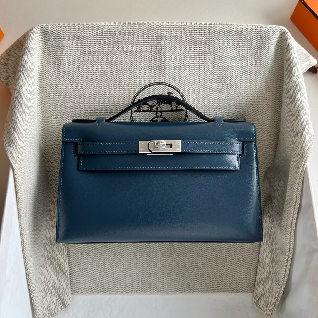 愛馬仕最經典四個包 Hermès Mini Kelly Pochette Box Leather Bleu de Prusse普魯士藍銀色五金