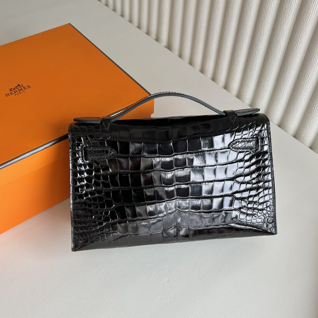 愛馬仕最貴三個檔次Hermès Mini Kelly Pochette 亮面美洲鱷魚皮黑色銀色五金