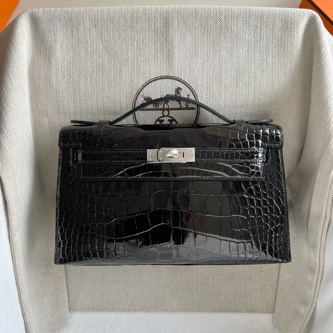 愛馬仕最貴三個檔次Hermès Mini Kelly Pochette 亮面美洲鱷魚皮黑色銀色五金