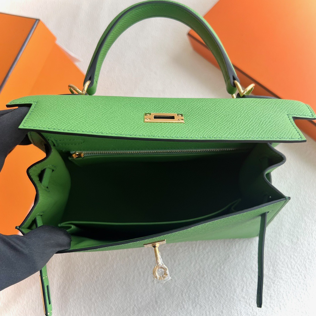 愛馬仕入門款凱莉包實拍圖 Hermès Kelly 25 Epsom A8 Vert Yucca 絲藍綠金色五金