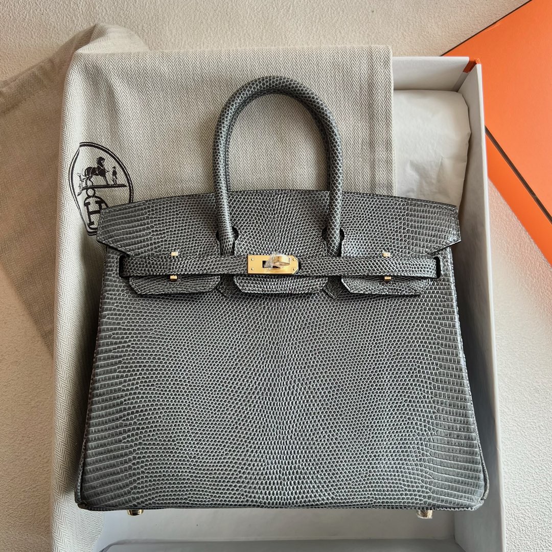 爱马仕铂金包25寸专柜价格 Hermès Birkin 25 Lizard 原厂蜥蜴皮 Gris Posce 深灰色 金色五金