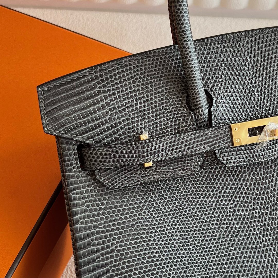 爱马仕铂金包25寸专柜价格 Hermès Birkin 25 Lizard 原厂蜥蜴皮 Gris Posce 深灰色 金色五金