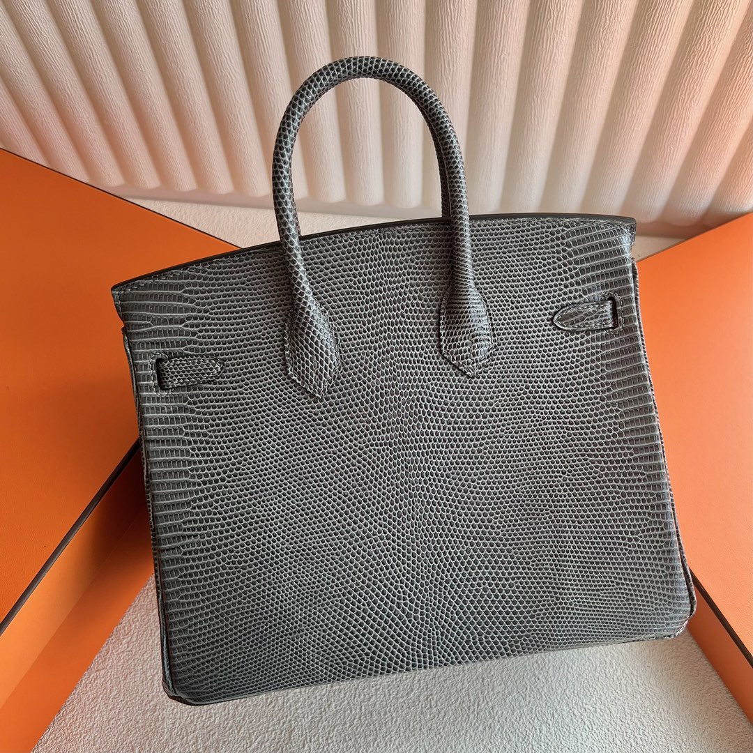 爱马仕铂金包25寸专柜价格 Hermès Birkin 25 Lizard 原厂蜥蜴皮 Gris Posce 深灰色 金色五金