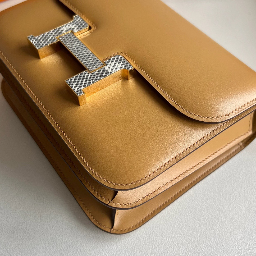 愛馬仕康康空姐包18價格 Mini Hermès Constance MINI 18 Box 4B Biscuit餅乾色拼自然色蜥蜴扣