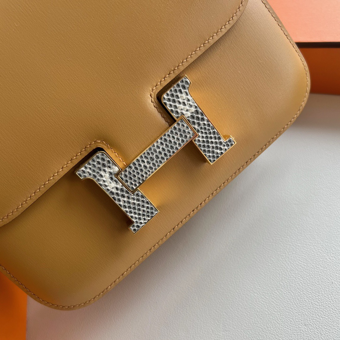 愛馬仕康康空姐包18價格 Mini Hermès Constance MINI 18 Box 4B Biscuit餅乾色拼自然色蜥蜴扣