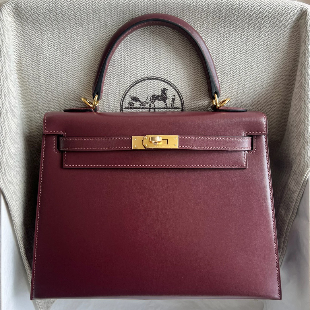 愛馬仕經典女包推薦 Hermès Kelly 25 Box Leather Bordeaux波爾多酒紅金色五金