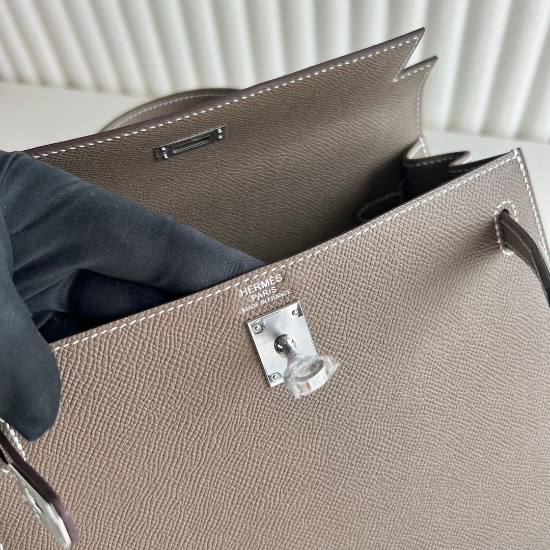 愛馬仕凱莉包正品Hermès Kelly 25 Epsom Leather CK18 Etoupe大象灰銀色五金