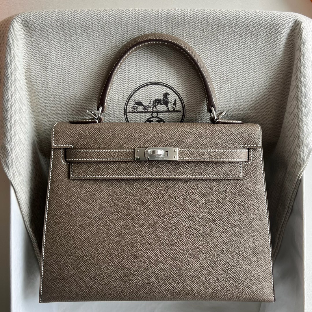 愛馬仕凱莉包正品Hermès Kelly 25 Epsom Leather CK18 Etoupe大象灰銀色五金