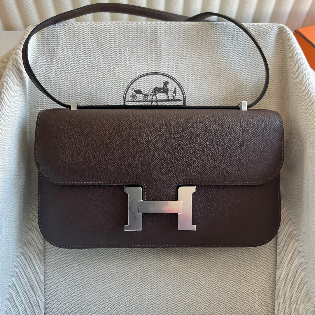 愛馬仕空姐包細節圖片 Hermès Constance Elan 鏡子款 Epsom CK47 Chocolat 巧克力銀色五金