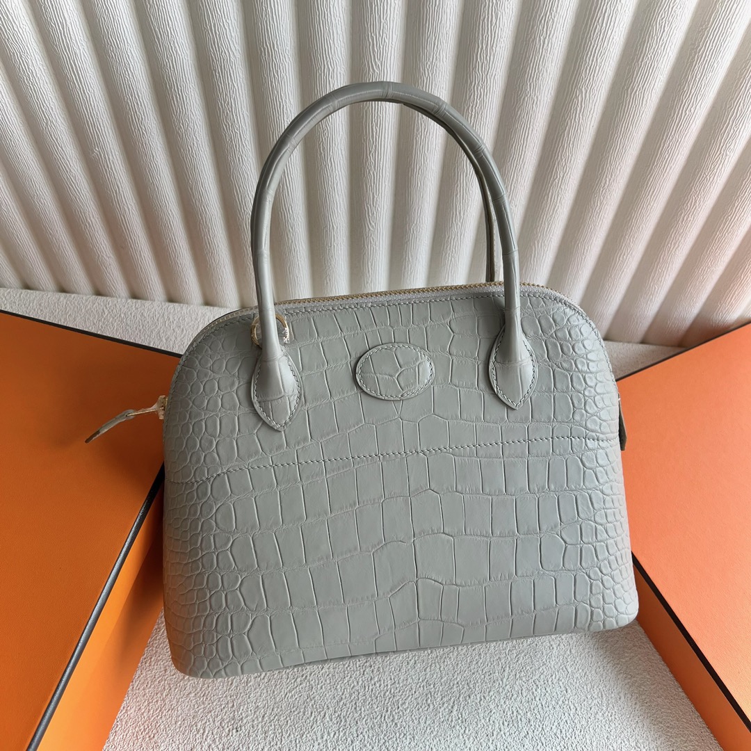 愛馬仕保齡球包 Hermès Bolide 27 霧面倒V灣鱷鱷魚皮 Gris Perle珍珠灰金色五金