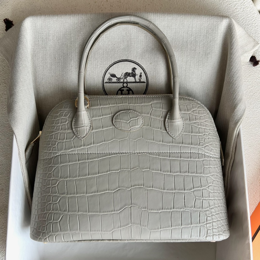 愛馬仕保齡球包 Hermès Bolide 27 霧面倒V灣鱷鱷魚皮 Gris Perle珍珠灰金色五金