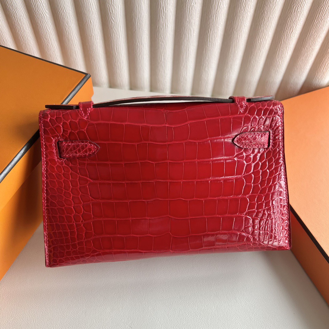 愛馬仕包包圖片價格 Hermès Kelly Pochette 亮面美洲鱷魚皮Braise法拉利紅金色五金
