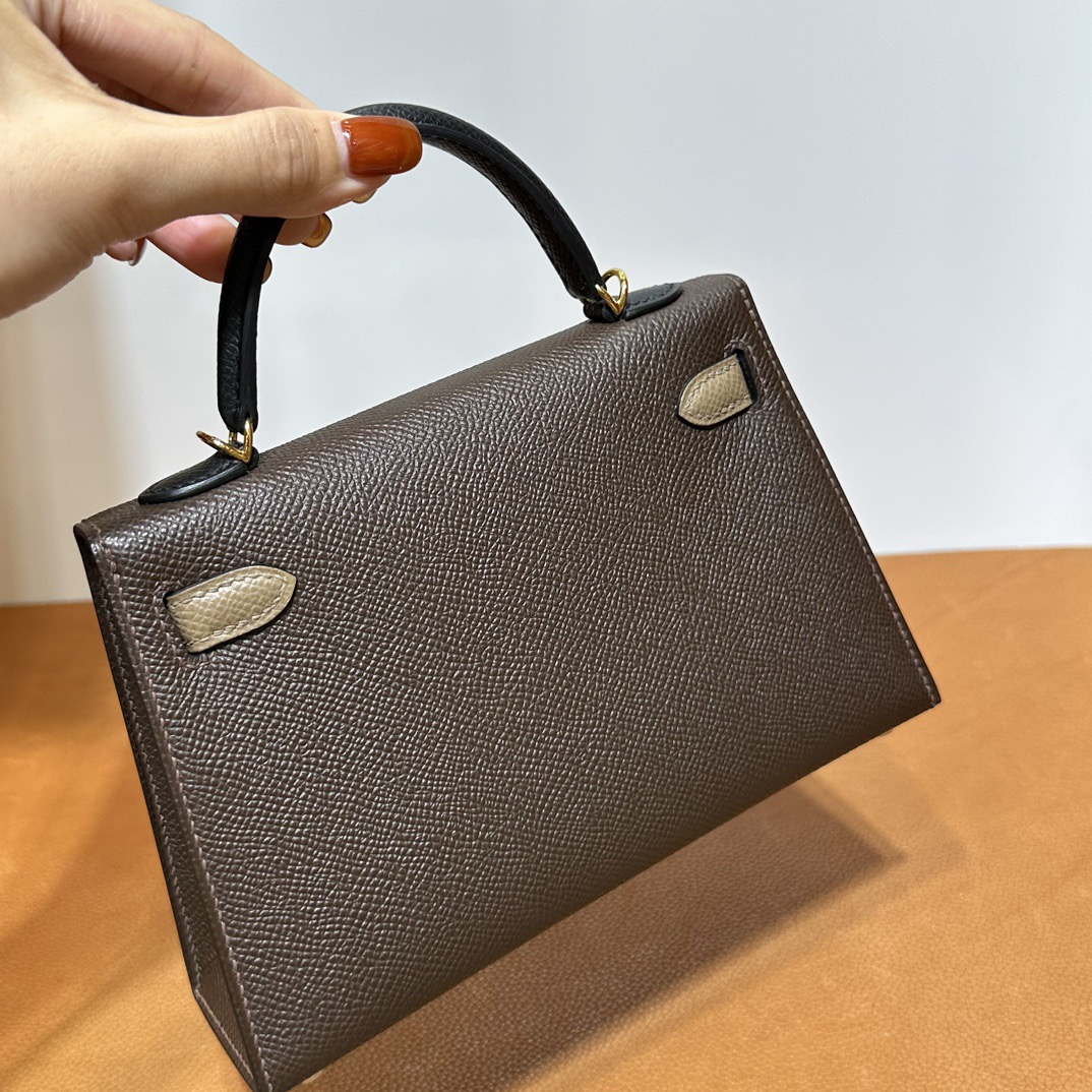 愛馬仕包包臺灣網址 Hermès Kelly Mini Sellier Epsom 4C Ecorce 樹皮色/大象灰/黑色金色五金