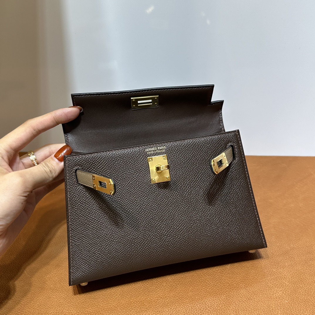 愛馬仕包包臺灣網址 Hermès Kelly Mini Sellier Epsom 4C Ecorce 樹皮色/大象灰/黑色金色五金