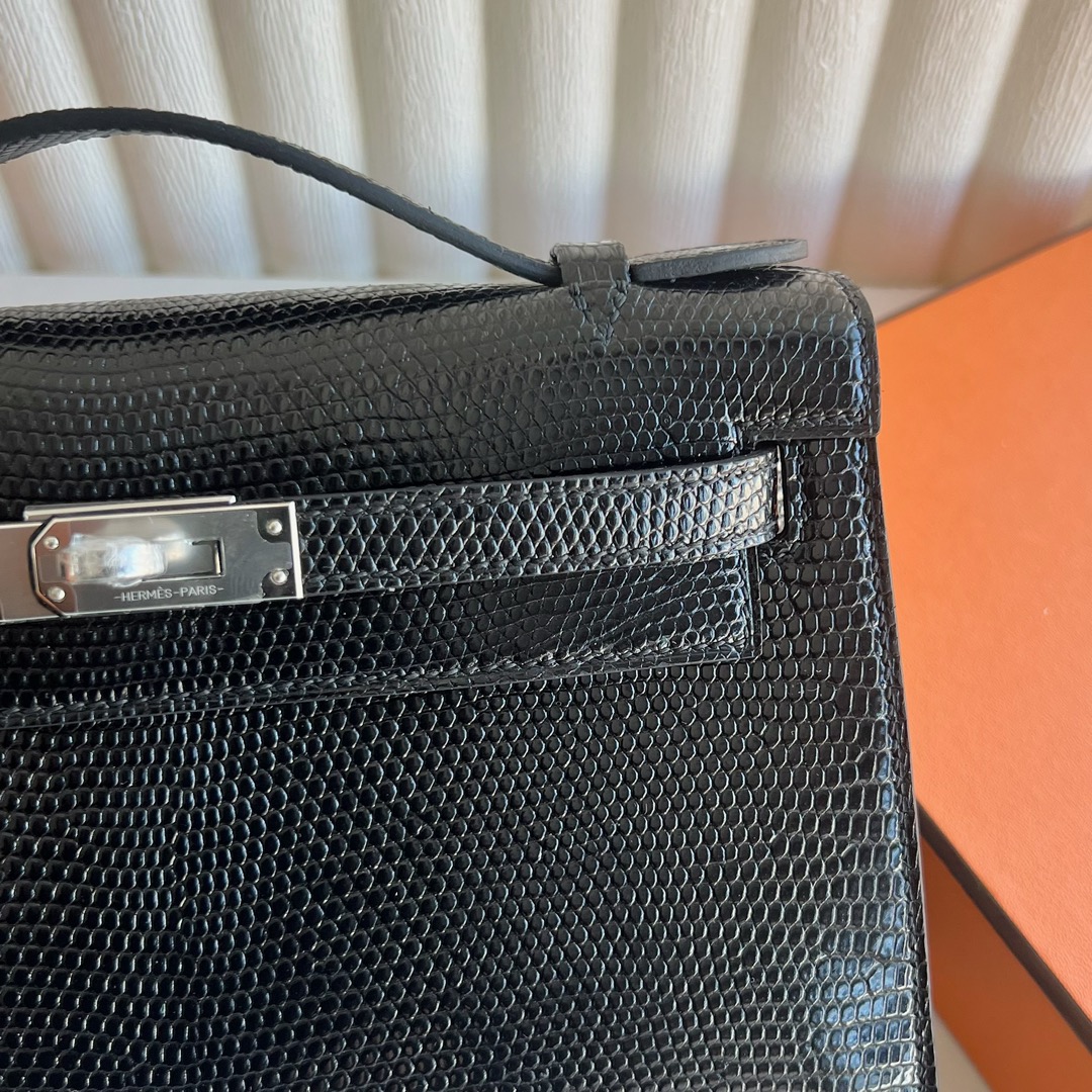 愛馬仕迷你凱莉包 Hermès Kelly Pochette Lizard 原廠進口蜥蜴皮 黑色銀色五金