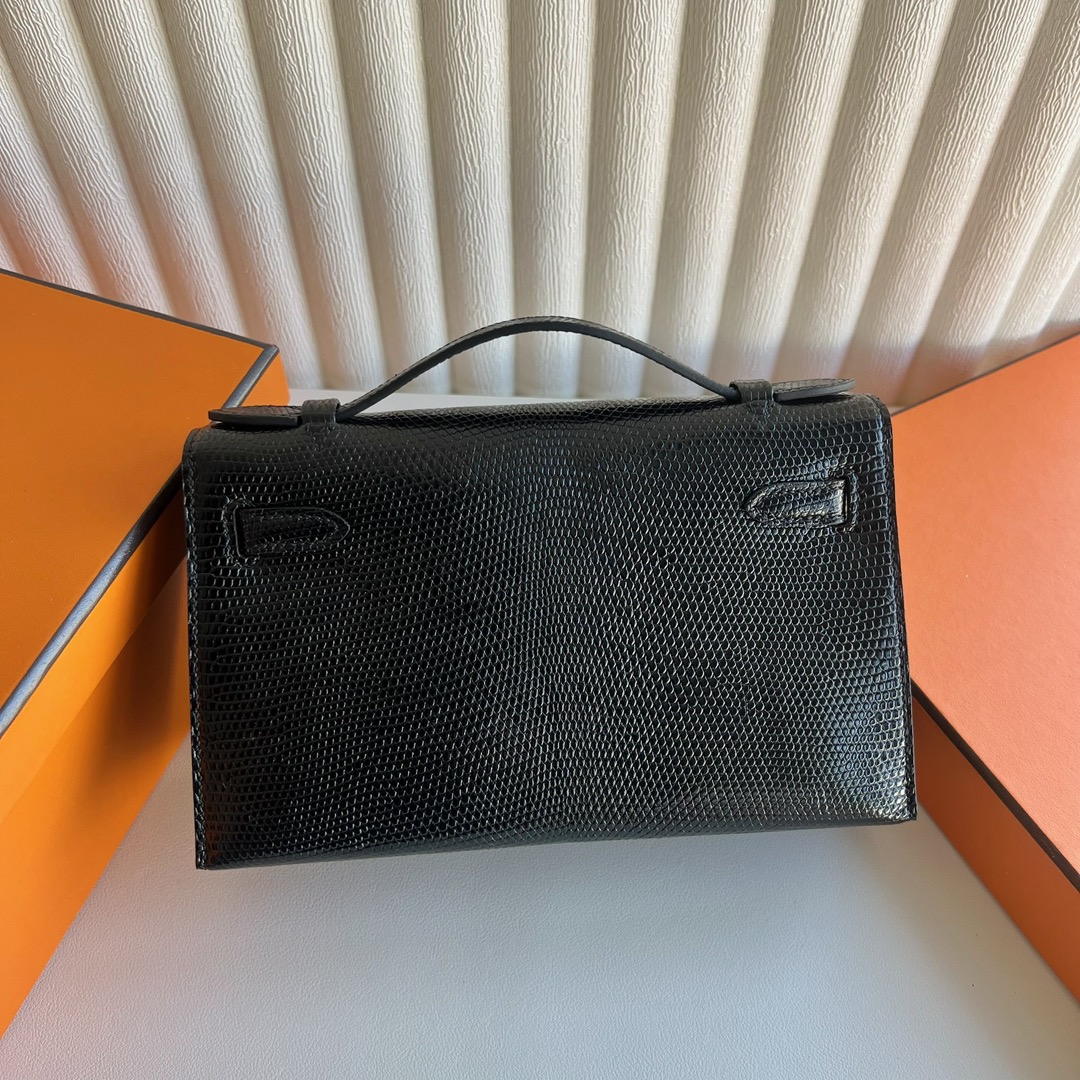 愛馬仕迷你凱莉包 Hermès Kelly Pochette Lizard 原廠進口蜥蜴皮 黑色銀色五金