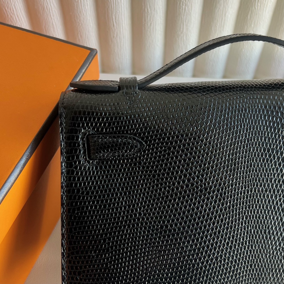愛馬仕迷你凱莉包 Hermès Kelly Pochette Lizard 原廠進口蜥蜴皮 黑色銀色五金