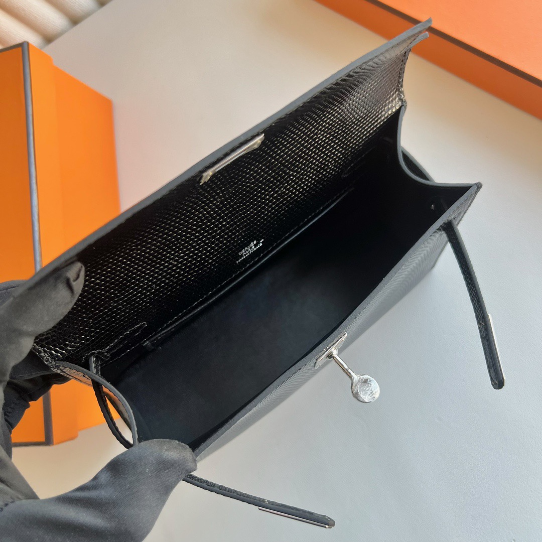 愛馬仕迷你凱莉包 Hermès Kelly Pochette Lizard 原廠進口蜥蜴皮 黑色銀色五金