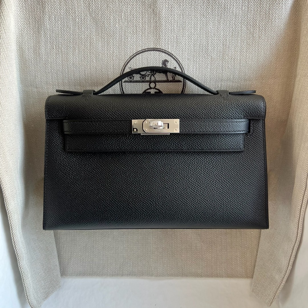 愛馬仕凱莉包包一代細節圖 Hermès Kelly Pochette Epsom Leather 黑色銀色五金