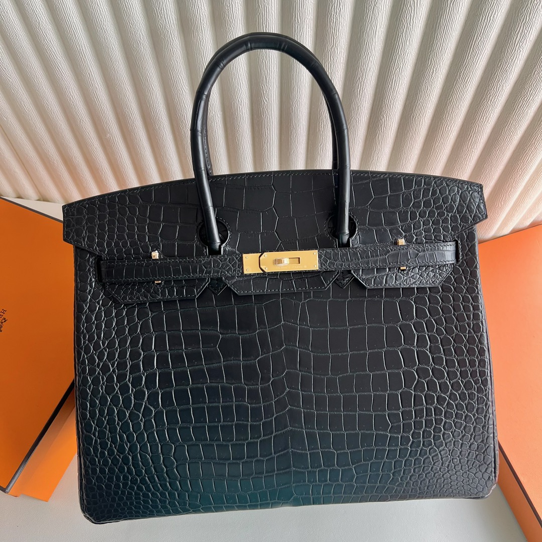愛馬仕灣鱷鱷魚皮鉑金包專櫃價格 Hermes Birkin 35霧面倒V灣鱷鱷魚皮黑色銀色五金