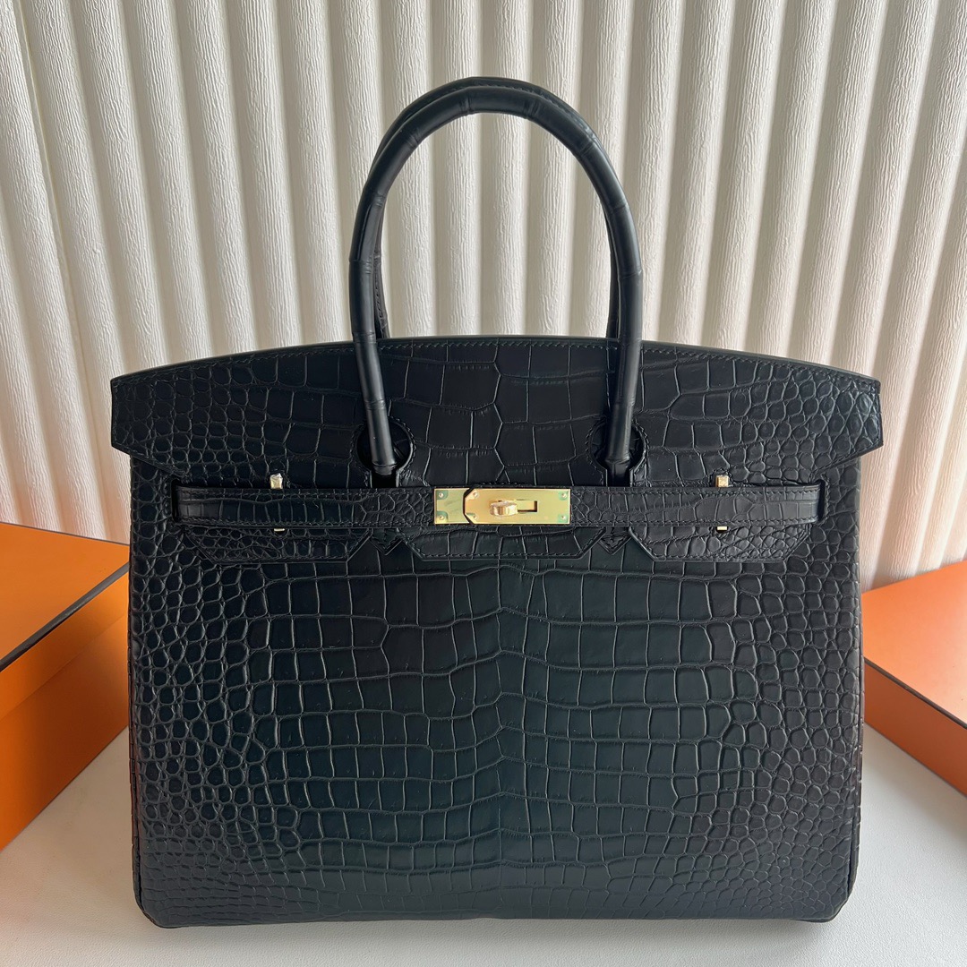 愛馬仕灣鱷鱷魚皮鉑金包專櫃價格 Hermes Birkin 35霧面倒V灣鱷鱷魚皮黑色銀色五金