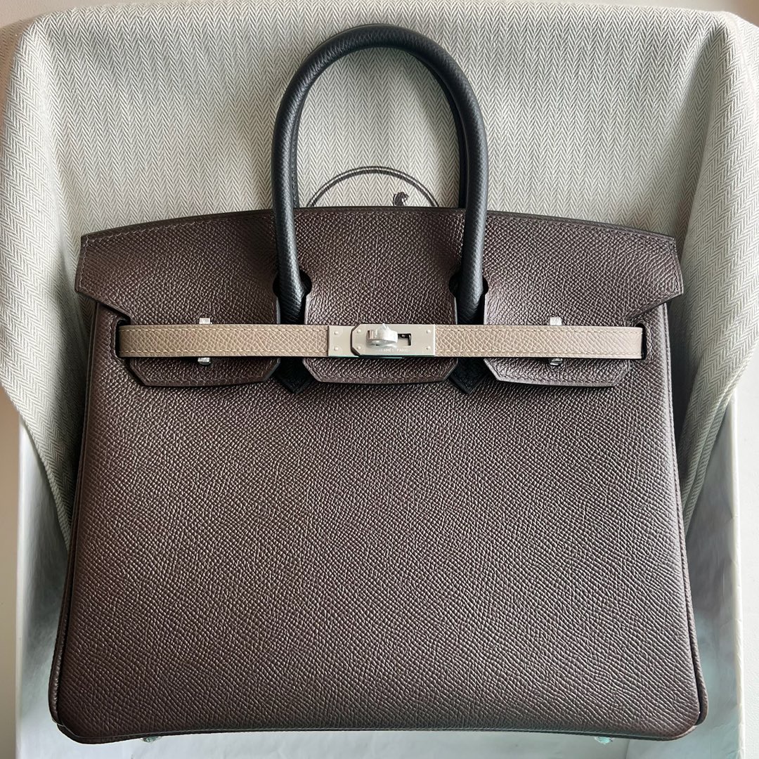 爱马仕铂金包特殊订单价格 Hermès Special Order Birkin 25 Epsom 4C Ecorce 树皮色/大象灰/黑色 银色五金