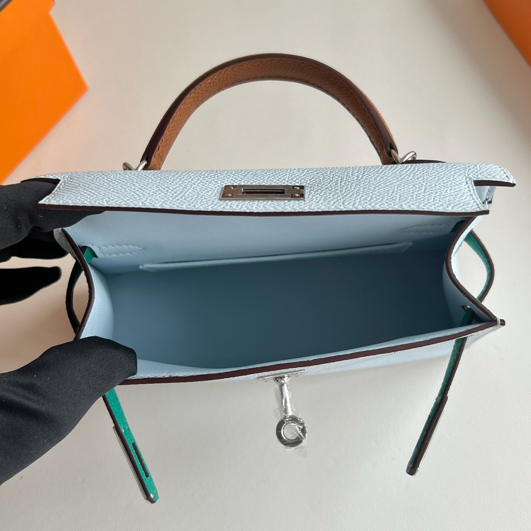 愛馬仕凱莉迷你二代多少錢 Hermès Kelly Mini Sellier Epsom T0 Bleu Brume霧霾藍/金棕色/帝王綠 銀色五金