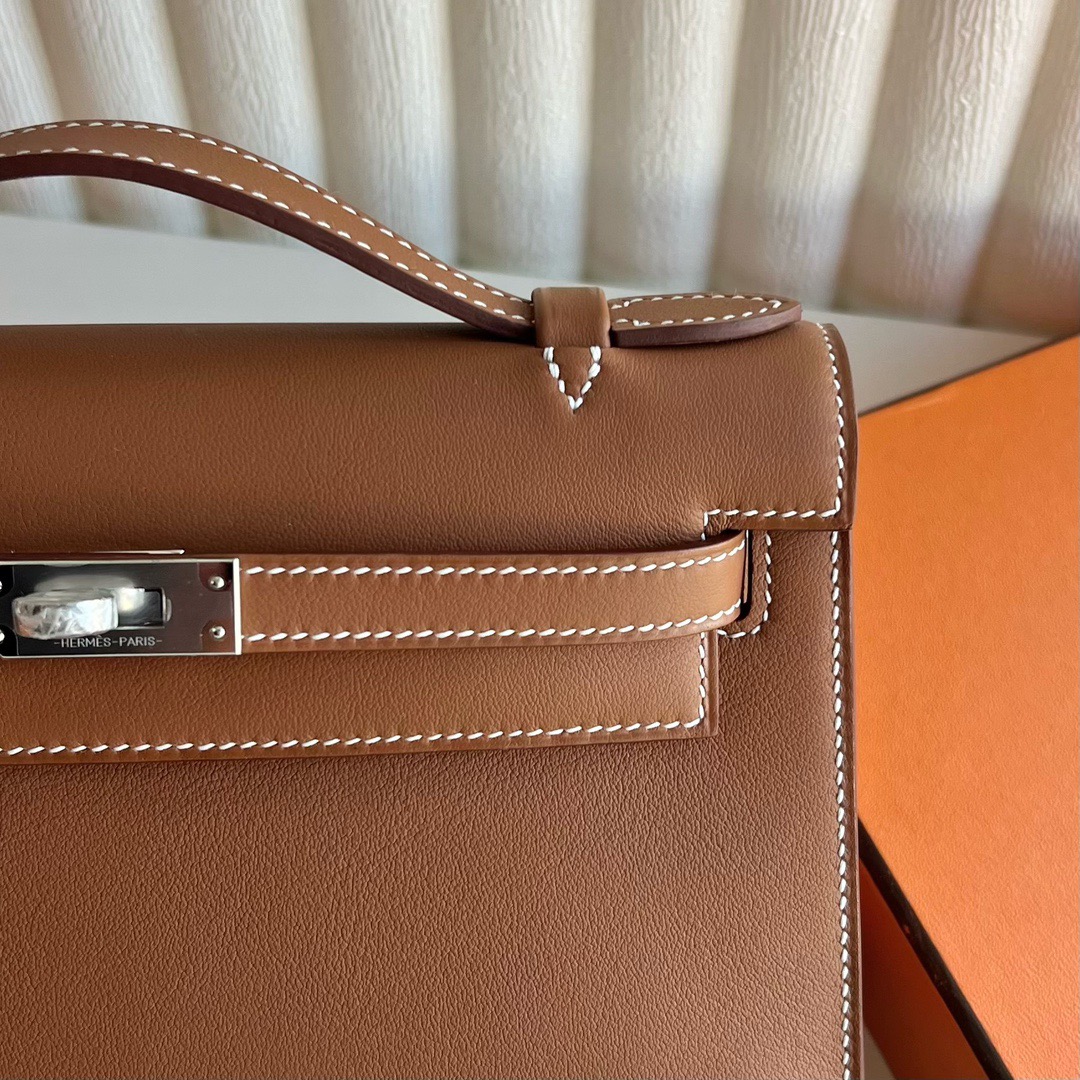 愛馬仕凱莉包尺寸大全 Hermes Kelly Pochette Swift CK37 Gold金棕色 銀色五金