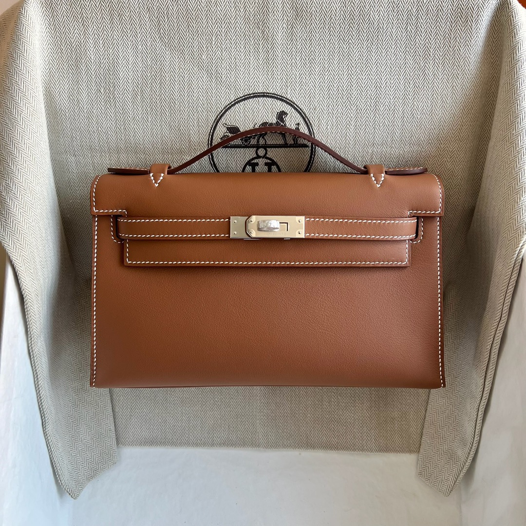愛馬仕凱莉包尺寸大全 Hermes Kelly Pochette Swift CK37 Gold金棕色 銀色五金