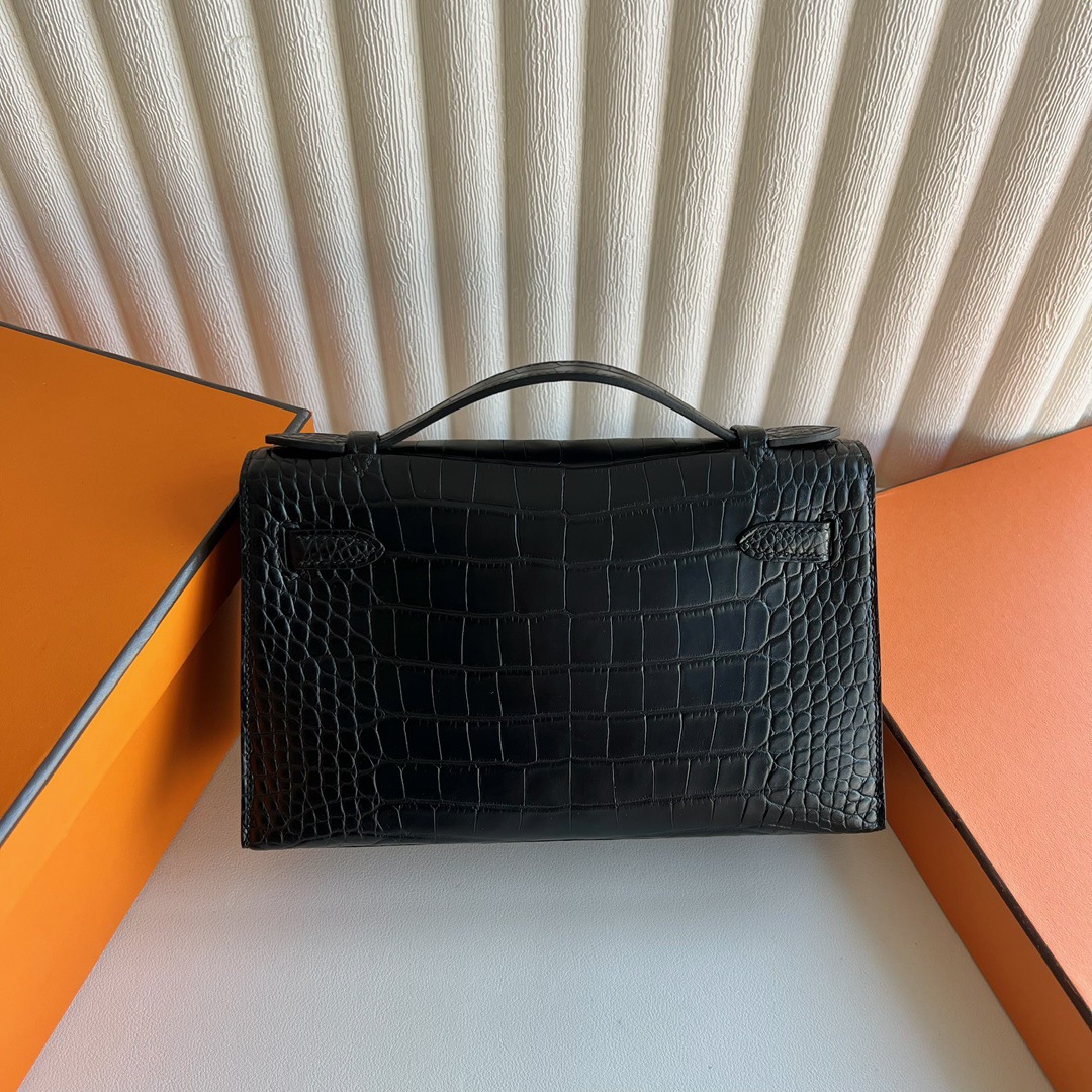 愛馬仕凱莉包包所有系列 Hermes Kelly Pochette 黑色So Black Alligator Crocodile 霧面“口“方塊美洲鱷魚皮