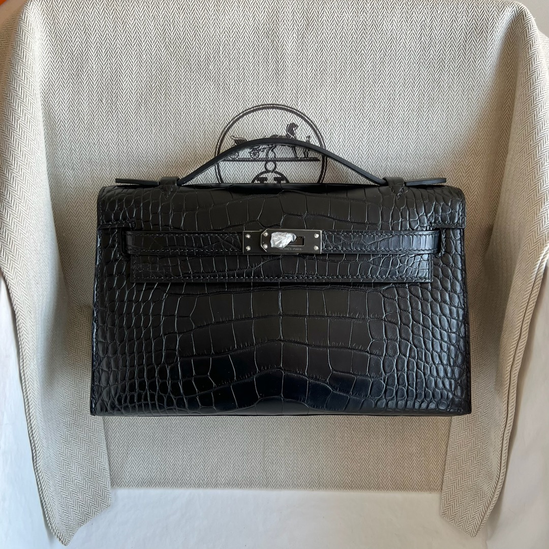 愛馬仕凱莉包包所有系列 Hermes Kelly Pochette 黑色So Black Alligator Crocodile 霧面“口“方塊美洲鱷魚皮