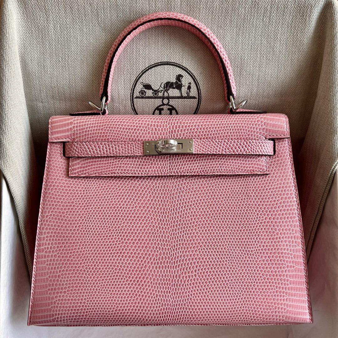 愛馬仕凱莉包25多少錢 Hermes Kelly 25 Lizard 原廠進口蜥蜴皮5P Bubblegum Pink櫻花粉