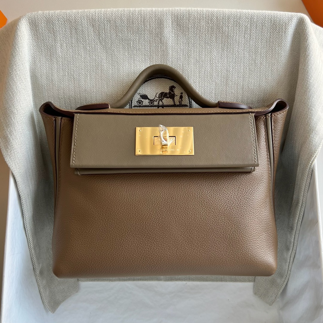 愛馬仕2424包包刻印 Hermes Mini 2424 Evercolor/Swift 威馬犬米色/大象灰金色五金