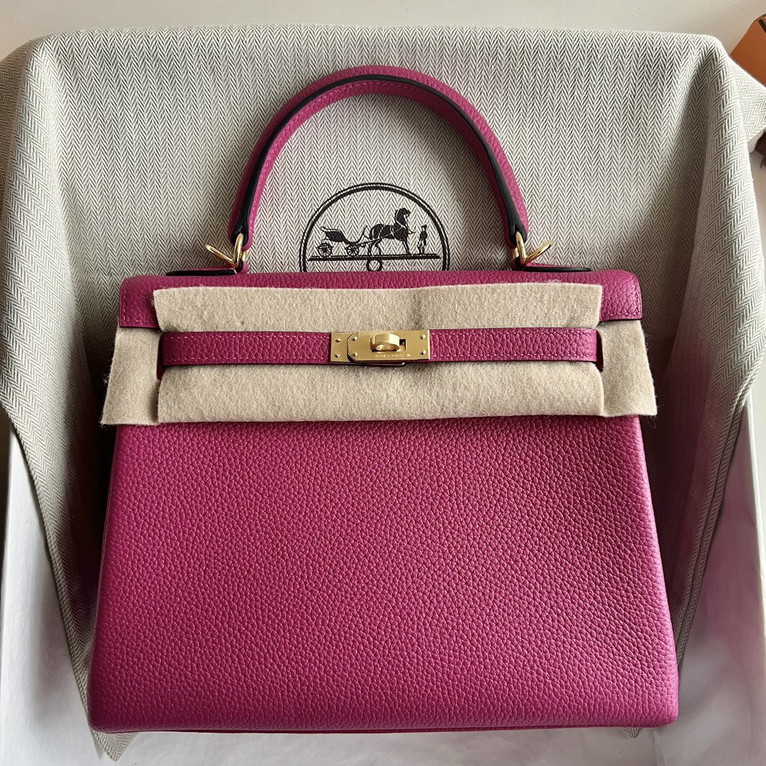 愛馬仕凱莉包細節圖Hermes Kelly 25 Togo L3 Rose Purple 玫瑰紫金色五金