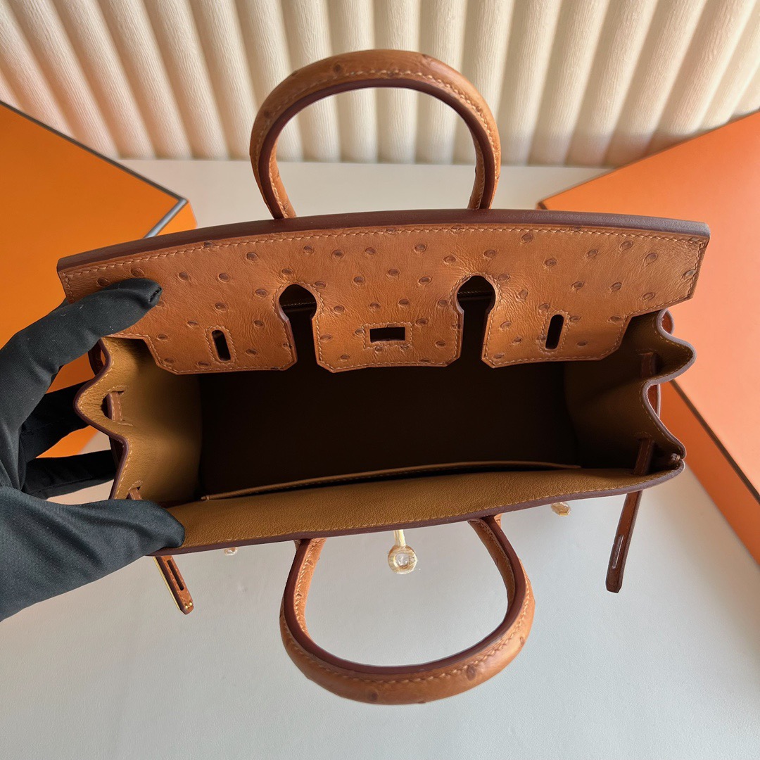 愛馬仕鴕鳥皮鉑金包25寸專櫃價格Hermes Birkin 25 Ostrich 原廠南非鴕鳥皮金棕色