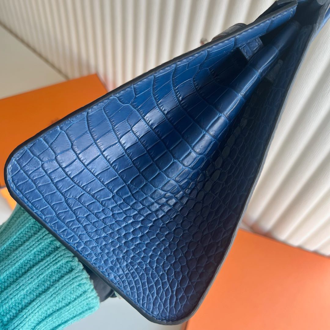 愛馬仕女包鉑金包價格 Hermes Birkin Sellier 25 Aizome特殊藍染倒v灣鱷鱷魚皮 銀色五金