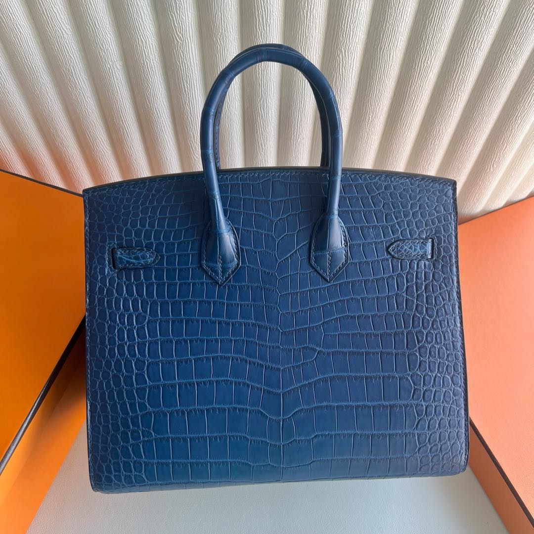 愛馬仕女包鉑金包價格 Hermes Birkin Sellier 25 Aizome特殊藍染倒v灣鱷鱷魚皮 銀色五金