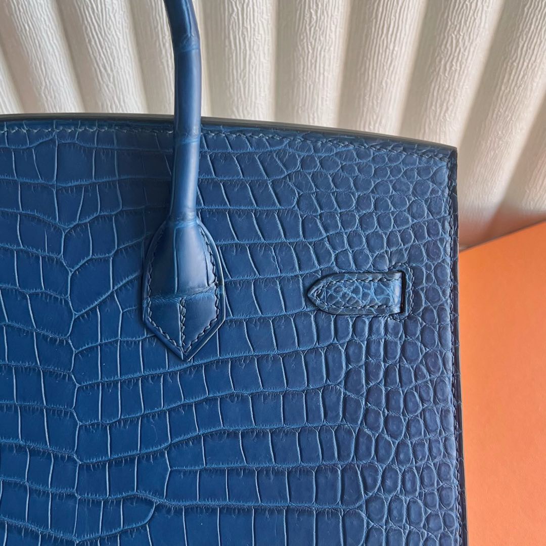 愛馬仕女包鉑金包價格 Hermes Birkin Sellier 25 Aizome特殊藍染倒v灣鱷鱷魚皮 銀色五金