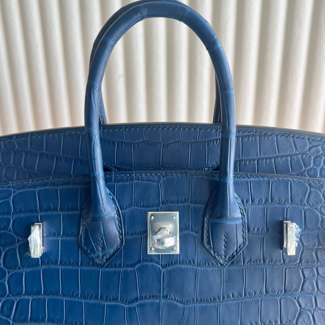 愛馬仕女包鉑金包價格 Hermes Birkin Sellier 25 Aizome特殊藍染倒v灣鱷鱷魚皮 銀色五金