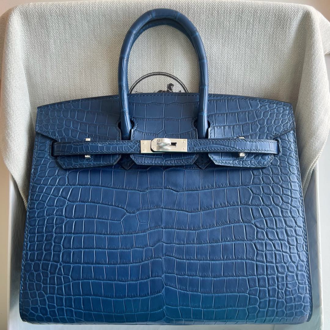 愛馬仕女包鉑金包價格 Hermes Birkin Sellier 25 Aizome特殊藍染倒v灣鱷鱷魚皮 銀色五金