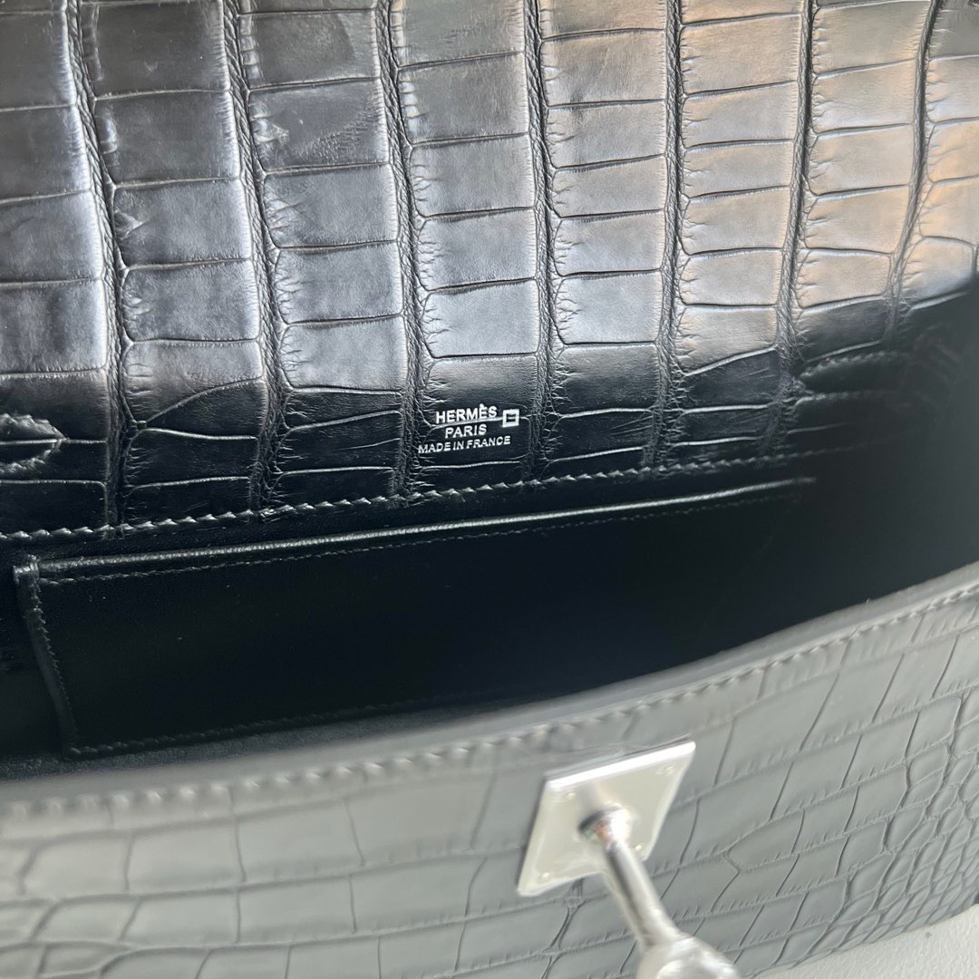 愛馬仕凱莉迷你款價格 Hermes Kelly Pochette 霧面“口“方塊美洲鱷魚皮CK89 Noir黑色銀色五金