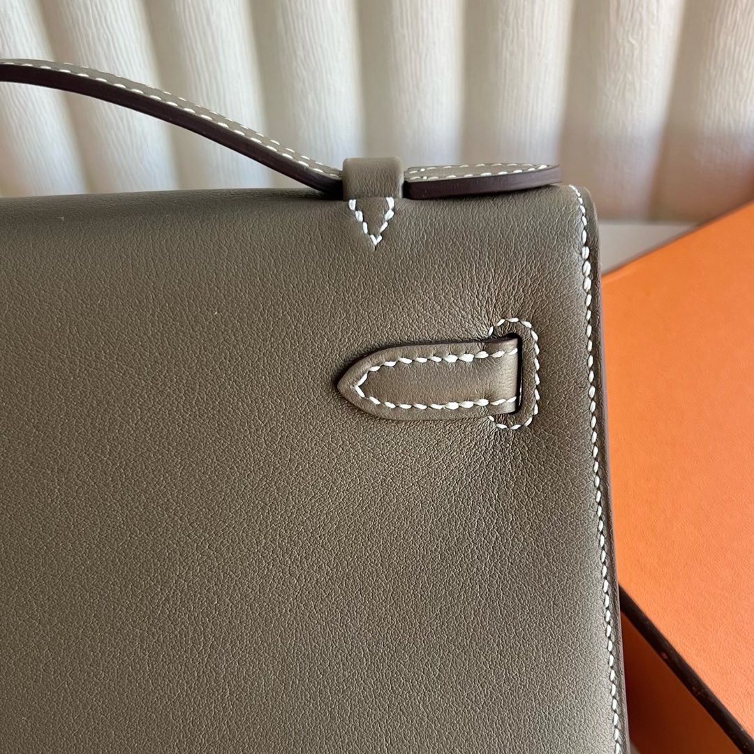 愛馬仕迷你凱莉包包價格多少錢 Hermes Mini Kelly Pochette Swift Etoupe大象灰銀色五金