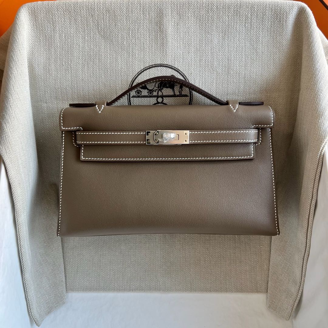 愛馬仕迷你凱莉包包價格多少錢 Hermes Mini Kelly Pochette Swift Etoupe大象灰銀色五金