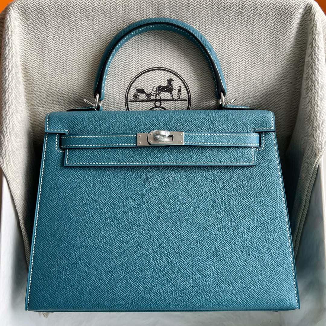 愛馬仕凱莉包官網價格 Hermes Kelly Sellier 25 Epsom D2 New bleu jean 新牛仔藍銀色五金