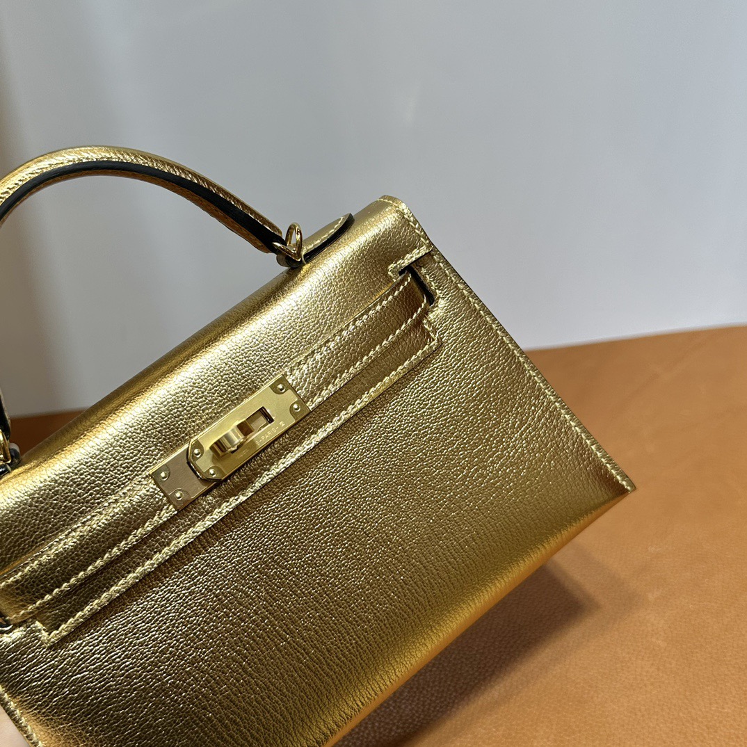 愛馬仕迷你凱莉2代Hermes Kelly Mini Sellier 山羊皮 Y9 DORE 鎏金色金色五金
