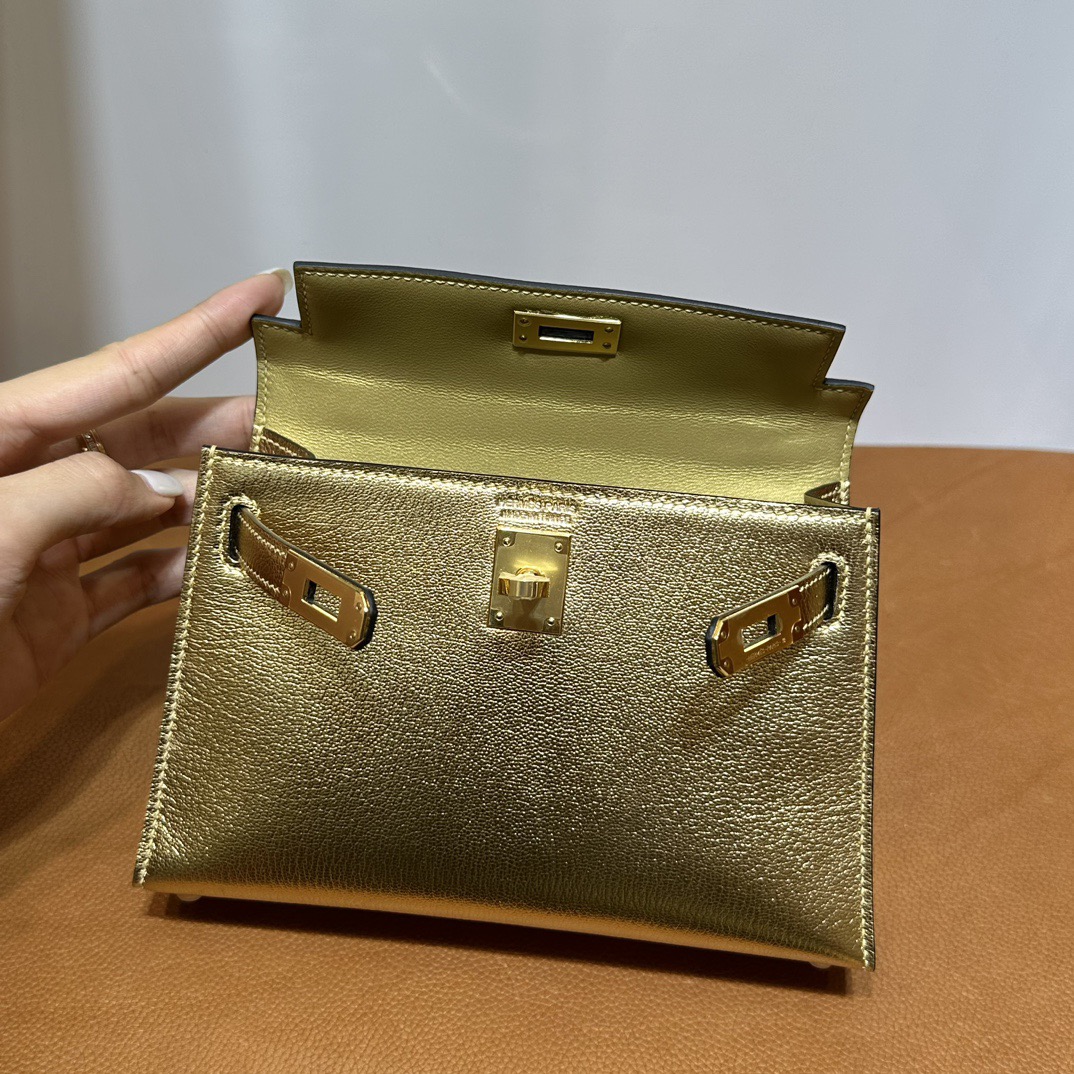 愛馬仕迷你凱莉2代Hermes Kelly Mini Sellier 山羊皮 Y9 DORE 鎏金色金色五金